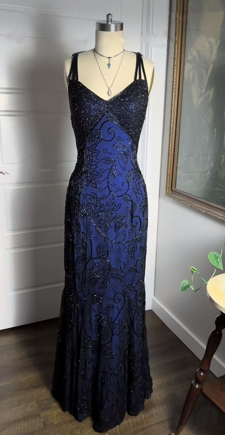 Navy Blue Shiny Elegant Exquisite Beaded Applique Straps Long Tulle Sequins Ball Gowns Prom Dress