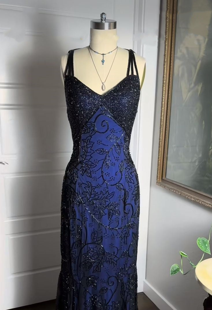 Navy Blue Shiny Elegant Exquisite Beaded Applique Straps Long Tulle Sequins Ball Gowns Prom Dress Main image