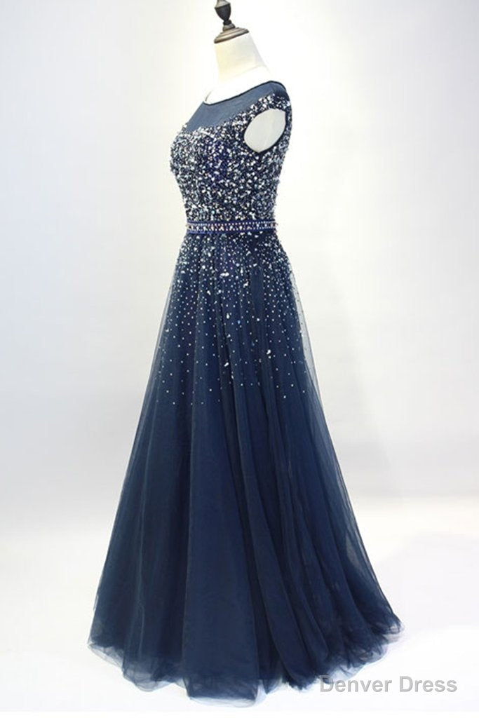 Navy Blue Shiny Sequins Round Neckline Tulle Prom Dress, A Line Tulle Blue Prom Dress