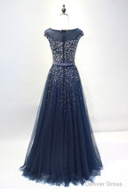 Navy Blue Shiny Sequins Round Neckline Tulle Prom Dress, A Line Tulle Blue Prom Dress