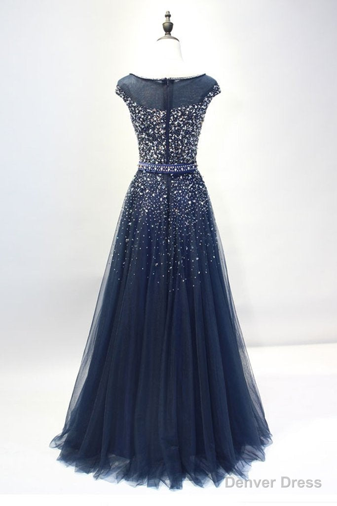 Navy Blue Shiny Sequins Round Neckline Tulle Prom Dress, A Line Tulle Blue Prom Dress