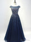 Navy Blue Shiny Sequins Round Neckline Tulle Party Dress, A-line Tulle Blue Evening Dress Prom Dress