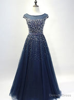 Navy Blue Shiny Sequins Round Neckline Tulle Prom Dress, A Line Tulle Blue Prom Dress