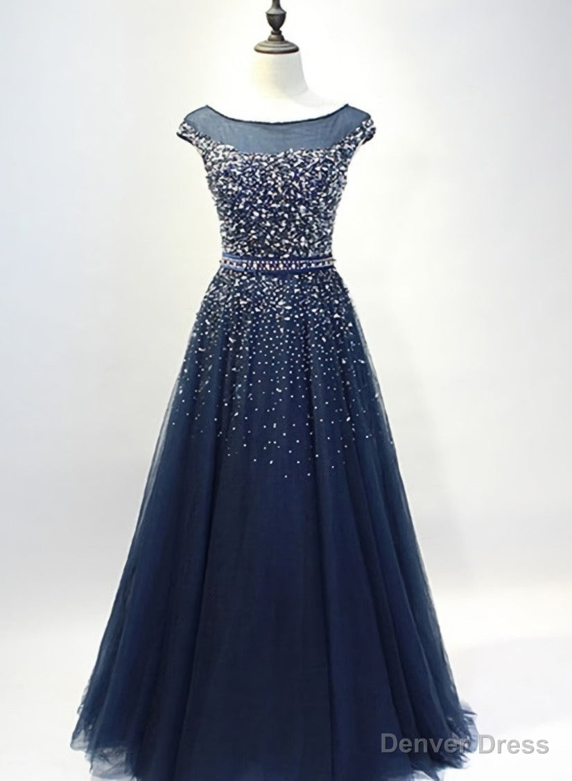 Navy Blue Shiny Sequins Round Neckline Tulle Prom Dress, A Line Tulle Blue Prom Dress