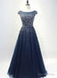 Navy Blue Shiny Sequins Round Neckline Tulle Prom Dress, A Line Tulle Blue Prom Dress