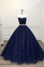 Navy Blue Shiny Tulle Beaded Long Prom Dress Sweetheart Tulle Prom Dress shops