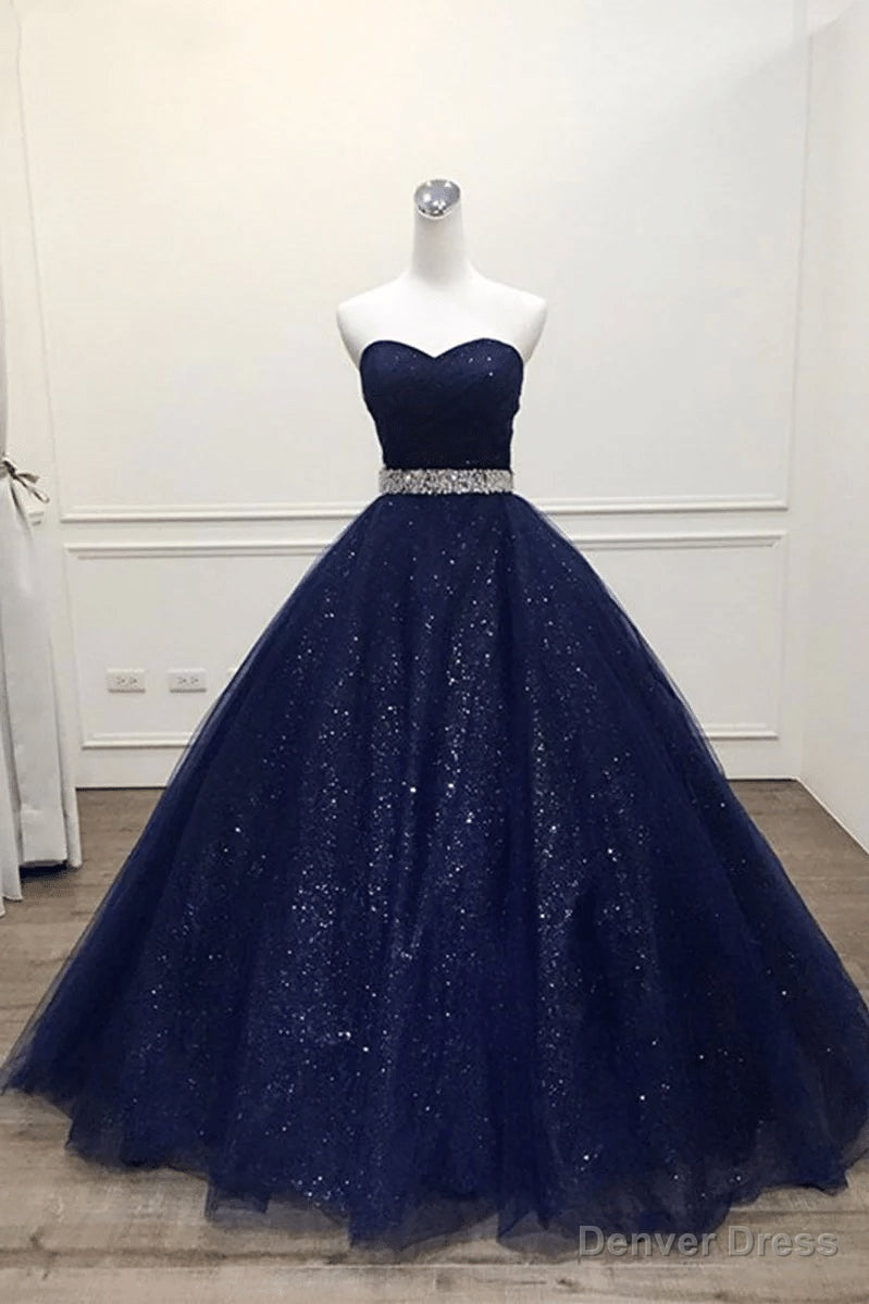 Navy Blue Shiny Tulle Beaded Long Prom Dress Sweetheart Tulle Prom Dress shops