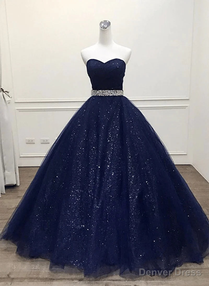 Navy Blue Shiny Tulle Beaded Long Party Dress Sweetheart Tulle Prom Dress prom dresses shops Main image