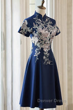 Navy Blue Short Sleeves Prom Dress With Lace Applique, Short Cute Blue Wedding Prom Dresses