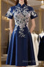 Navy Blue Short Sleeves Party Dresses With Lace Applique, Short Cute Blue Wedding Party Dresses