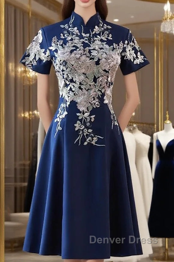 Navy Blue Short Sleeves Prom Dress With Lace Applique, Short Cute Blue Wedding Prom Dresses Main image