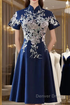 Navy Blue Short Sleeves Prom Dress With Lace Applique, Short Cute Blue Wedding Prom Dresses