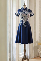 Navy Blue Short Sleeves Party Dress With Lace Applique, Short Cute Blue Wedding Party Dress