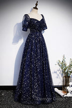 Navy Blue Short Sleeves Sweetheart Long Prom Dresses, A Line Blue Prom Gowns