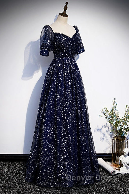 Navy Blue Short Sleeves Sweetheart Long Prom Dresses, A Line Blue Prom Gowns