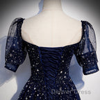Navy Blue Short Sleeves Sweetheart Long Prom Dresses, A Line Blue Prom Gowns