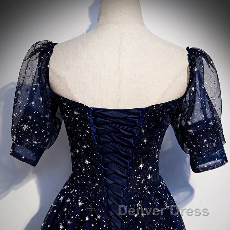 Navy Blue Short Sleeves Sweetheart Long Prom Dresses, A Line Blue Prom Gowns