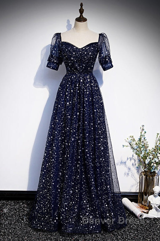 Navy Blue Short Sleeves Sweetheart Long Prom Dresses, A Line Blue Prom Gowns