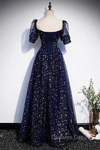 Navy Blue Short Sleeves Sweetheart Long Prom Dresses, A Line Blue Prom Gowns