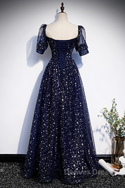 Navy Blue Short Sleeves Sweetheart Long Prom Dresses, A Line Blue Prom Gowns