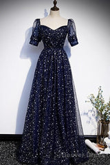 Navy Blue Short Sleeves Sweetheart Long Party Dress, A-Line Blue Evening Gown