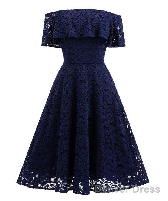 Navy Blue Short Soft Lace Prom Dress Off Shoulder Women Party Gowns