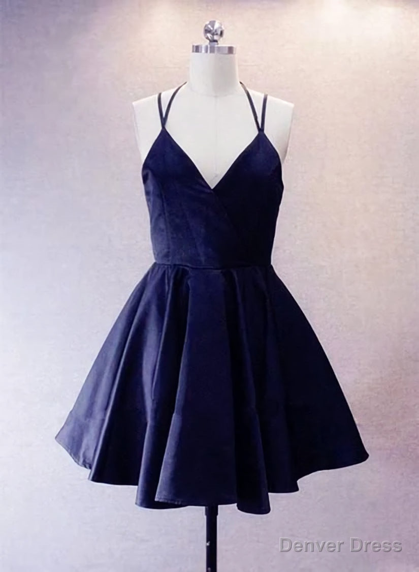 Navy Blue Short Straps Satin Homecoming Dress, Lovely Simple Prom Dresses Main image