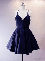Navy Blue Short Straps Satin Homecoming Dress, Lovely Simple Prom Dresses