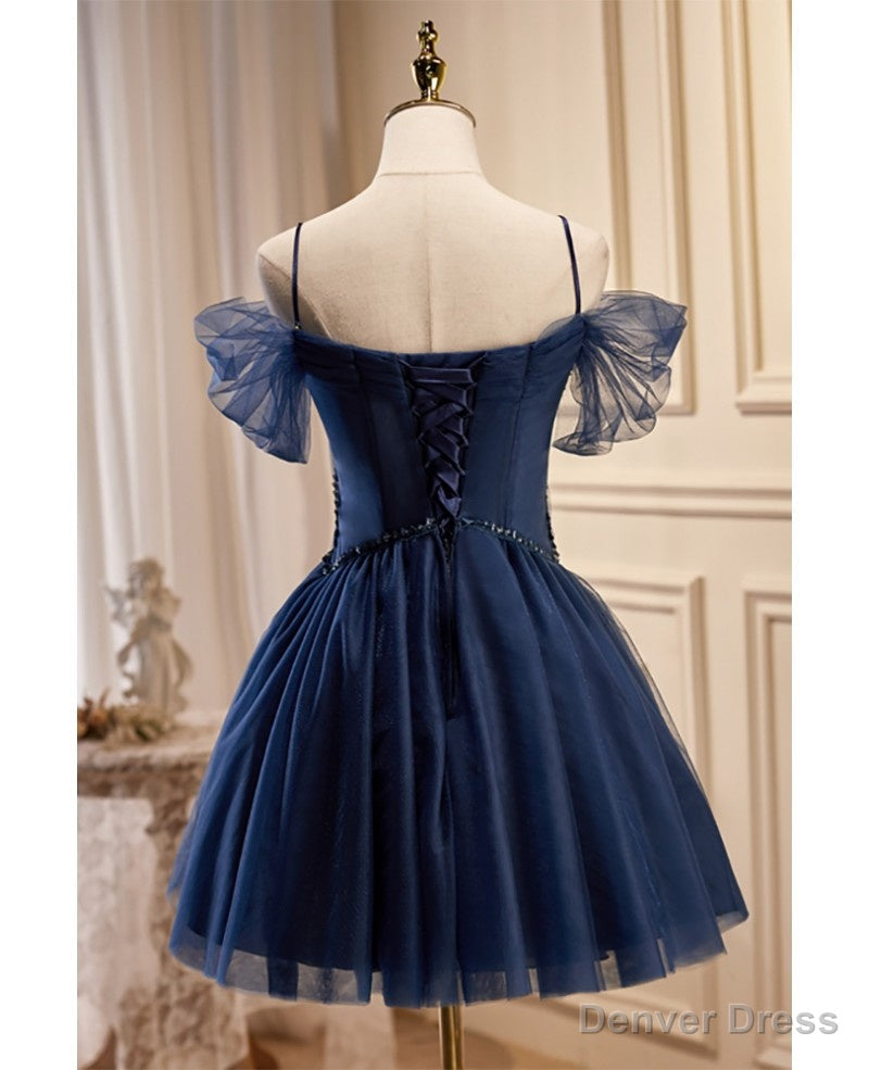 Navy Blue Short Tulle Homecoming Prom Dresses with Beadings Secondary image