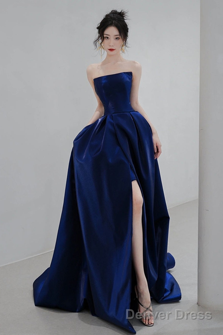 Navy Blue Simple Satin A-Line Long Prom Dress, Navy Blue Formal Dress Evening Dress Secondary image