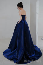 Navy Blue Simple Satin A-Line Long Prom Dress, Navy Blue Formal Dress Evening Dress