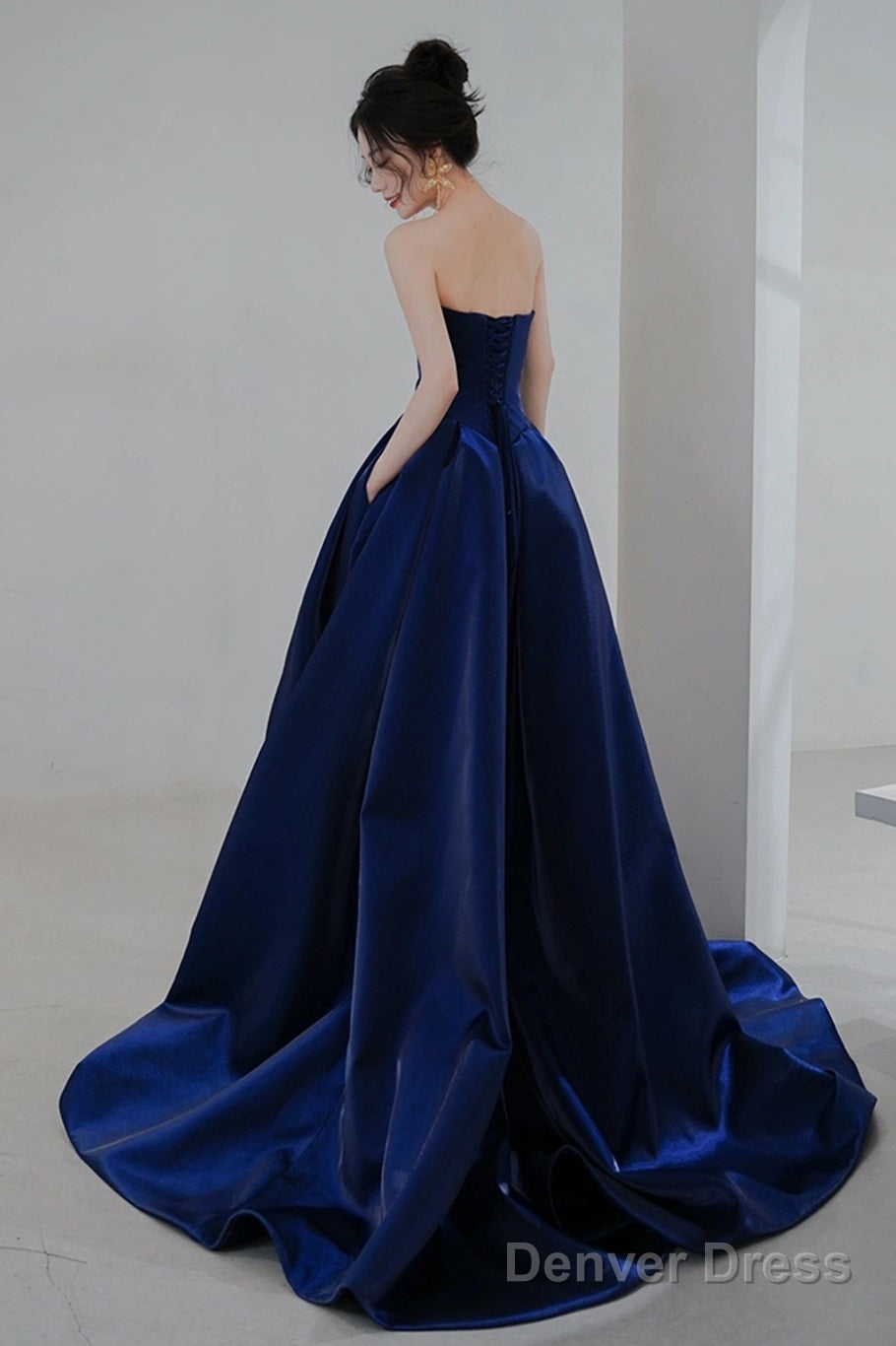 Navy Blue Simple Satin A-Line Long Prom Dress, Navy Blue Formal Dress Evening Dress