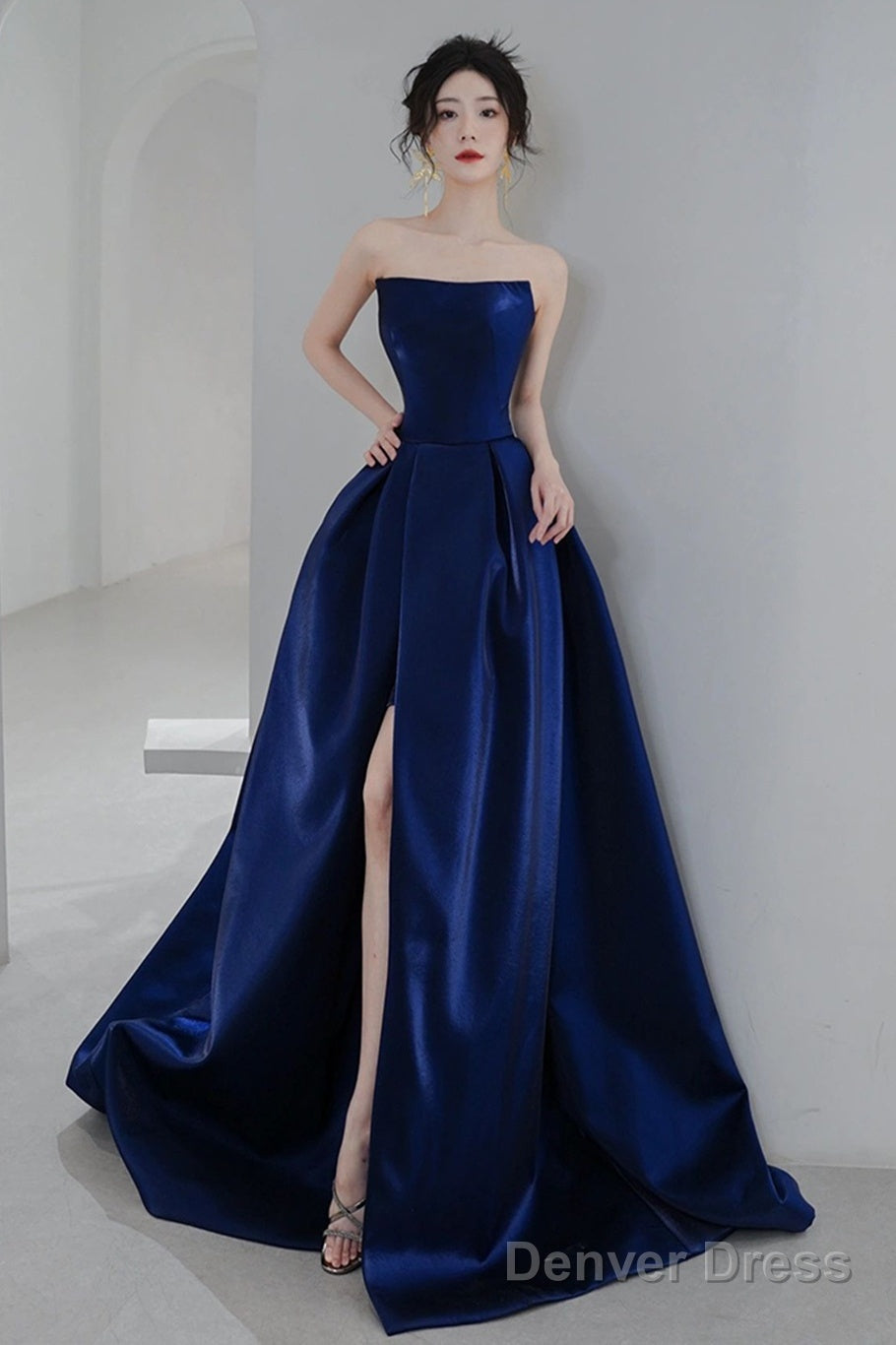 Navy Blue Simple Satin A-Line Long Prom Dress, Navy Blue Formal Dress Evening Dress