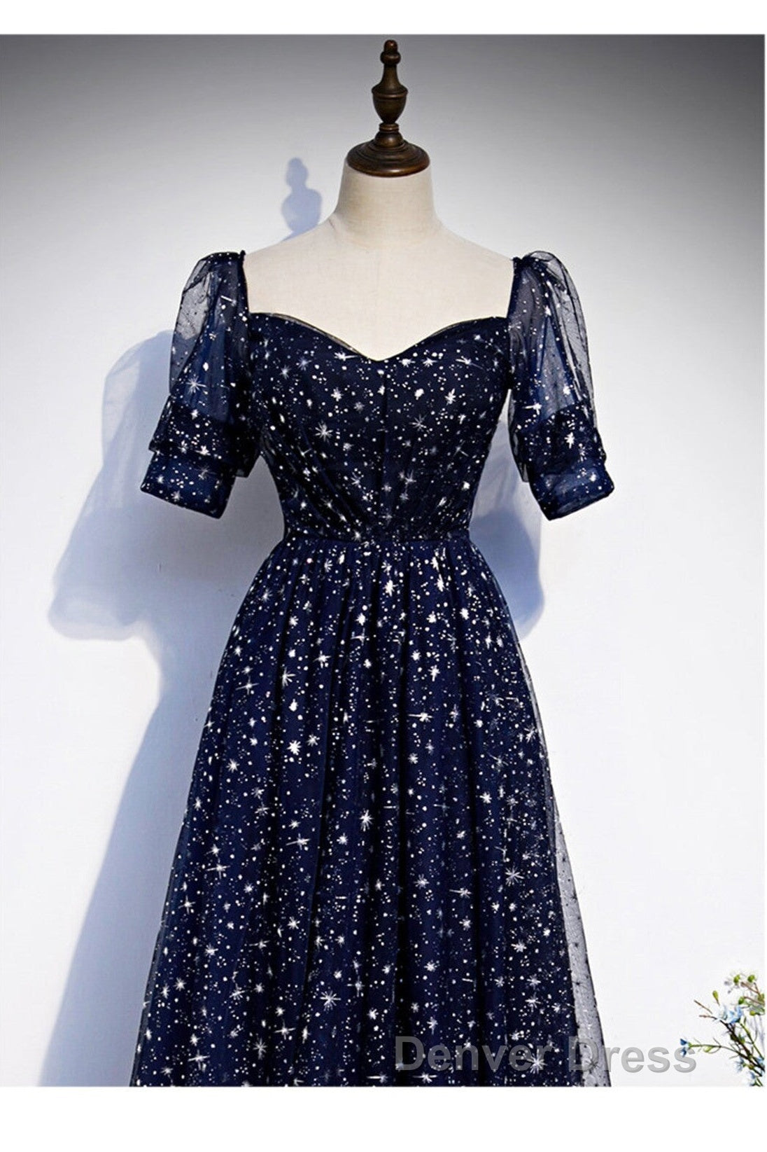 Navy Blue Simple Tulle Short Sleeves Prom Dresses, Navy Blue Long Evening Dresses Secondary image