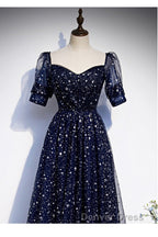 Navy Blue Simple Tulle Short Sleeves Prom Dresses, Navy Blue Long Evening Dresses