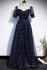 Navy Blue Simple Tulle Short Sleeves Prom Dress, Navy Blue Long Evening Dress