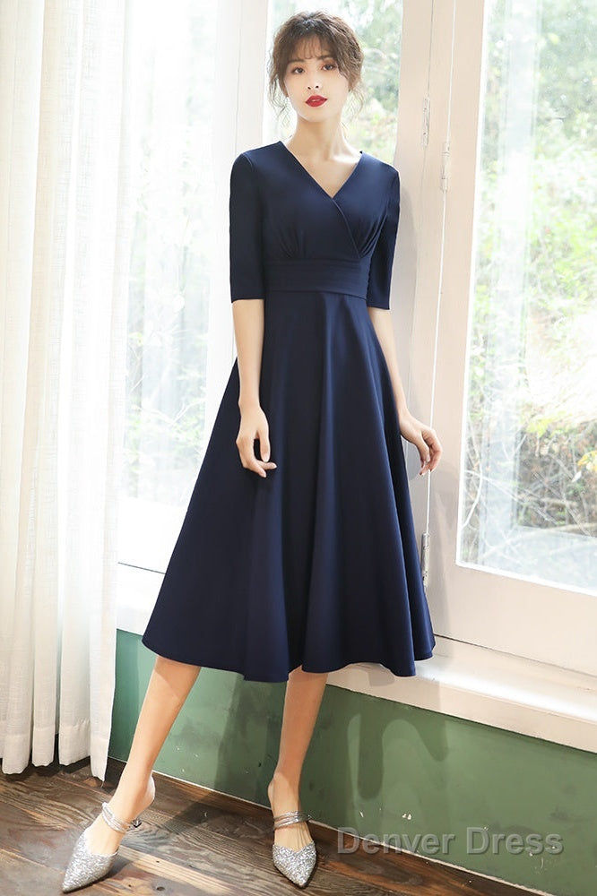 Navy Blue Simple V-Neckline Wedding Prom Dress, Blue Bridesmaid Dresses
