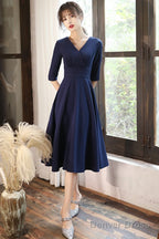 Navy Blue Simple V-Neckline Wedding Prom Dress, Blue Bridesmaid Dresses