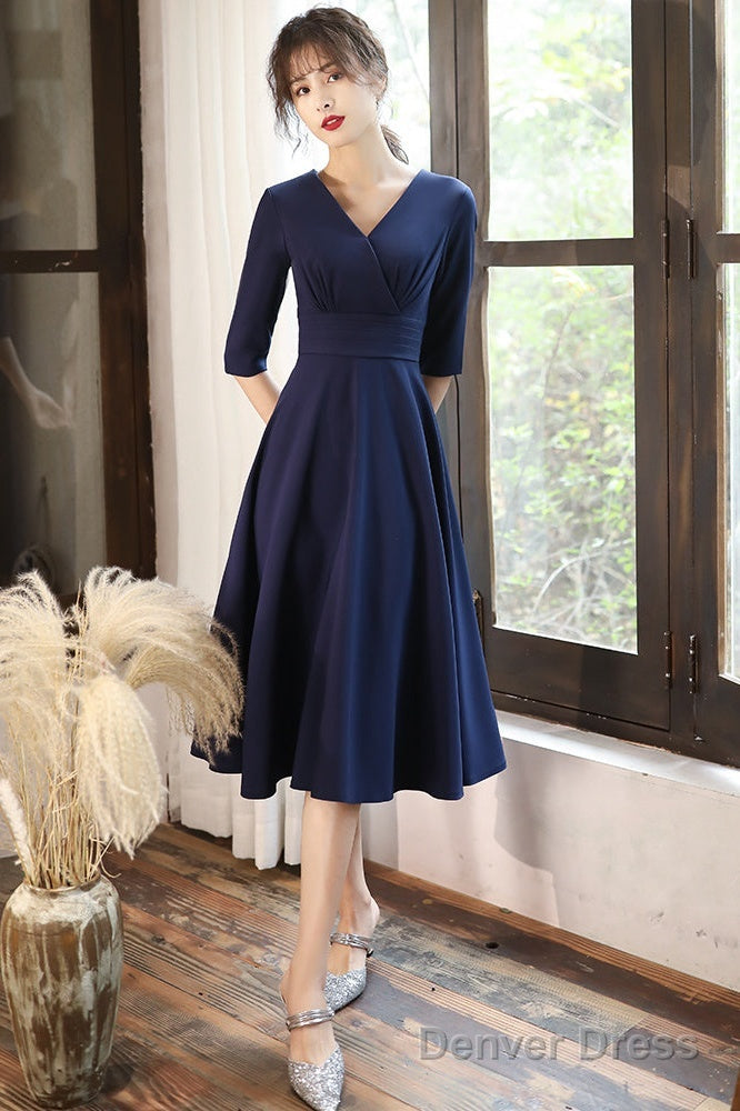 Navy Blue Simple V-Neckline Wedding Prom Dress, Blue Bridesmaid Dresses