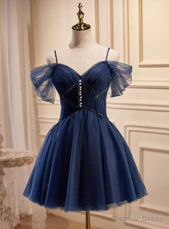 Navy Blue Spaghetti Straps Tulle Pleats Homecoming Dresses