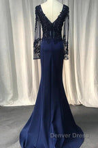 Navy Blue Spandex Long Sleeves Mermaid Evening Dresses, Navy Blue Prom Dresses