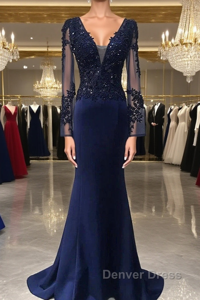 Navy Blue Spandex Long Sleeves Mermaid Evening Dresses, Navy Blue Prom Dresses Main image