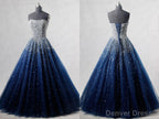 Navy Blue Strapless Floor Length Prom Ball Gowns with Beading Sequins, Prom Dress,Prom Dresses