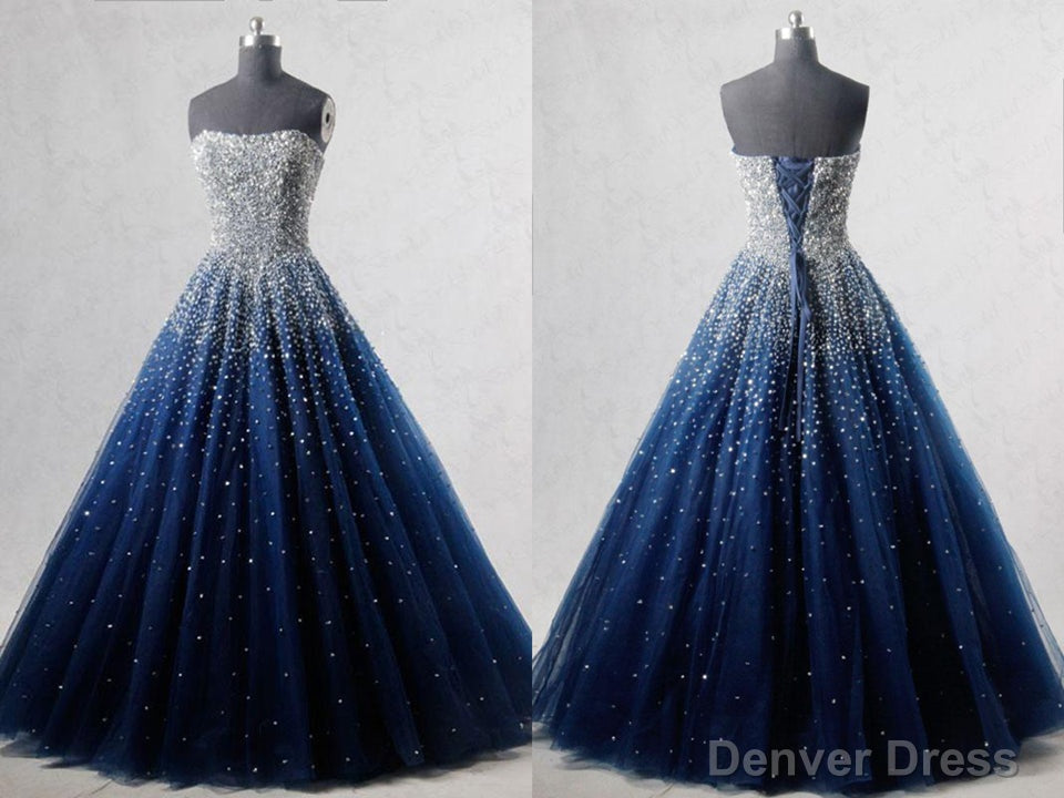 Navy Blue Strapless Floor Length Prom Ball Gowns with Beading Sequins, Prom Dress,Prom Dresses