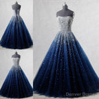 Navy Blue Strapless Floor Length Prom Ball Gowns with Beading Sequins, Prom Dress,Prom Dresses
