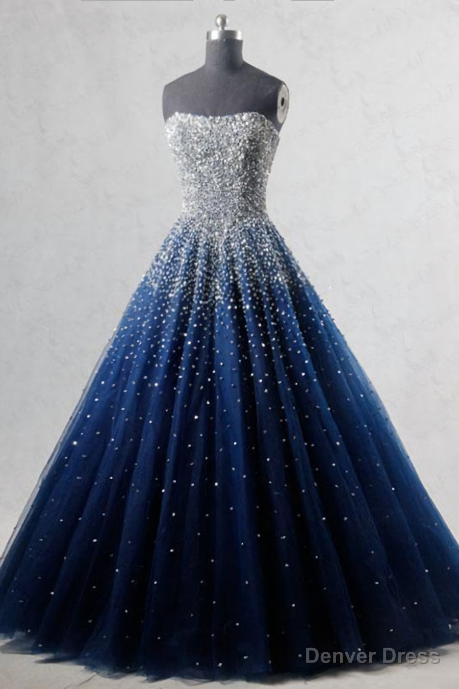Navy Blue Strapless Floor Length Prom Ball Gowns with Beading Sequins, Prom Dress,Prom Dresses