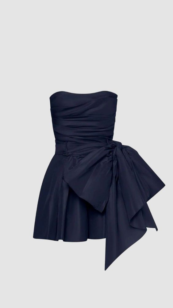 Vintage Navy Blue Strapless Bowkont Short Prom Dress Homecoming Dresses