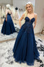 Navy Blue Straps Plunging V Floral Beaded Long Prom Dresses