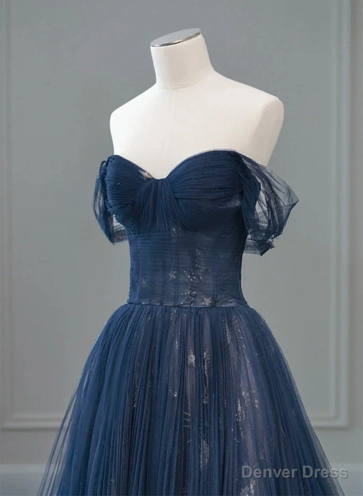 Navy Blue Sweetheart Off Shoulder Tulle Prom Dress, A Line Tulle Prom Dresses