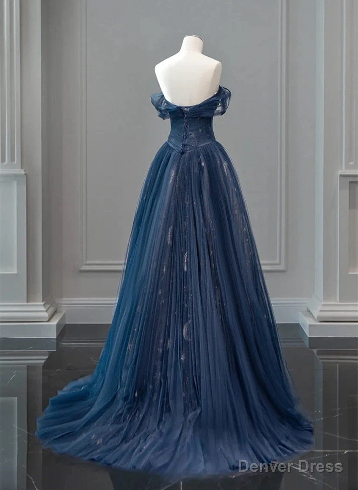 Navy Blue Sweetheart Off Shoulder Tulle Prom Dress, A Line Tulle Prom Dresses